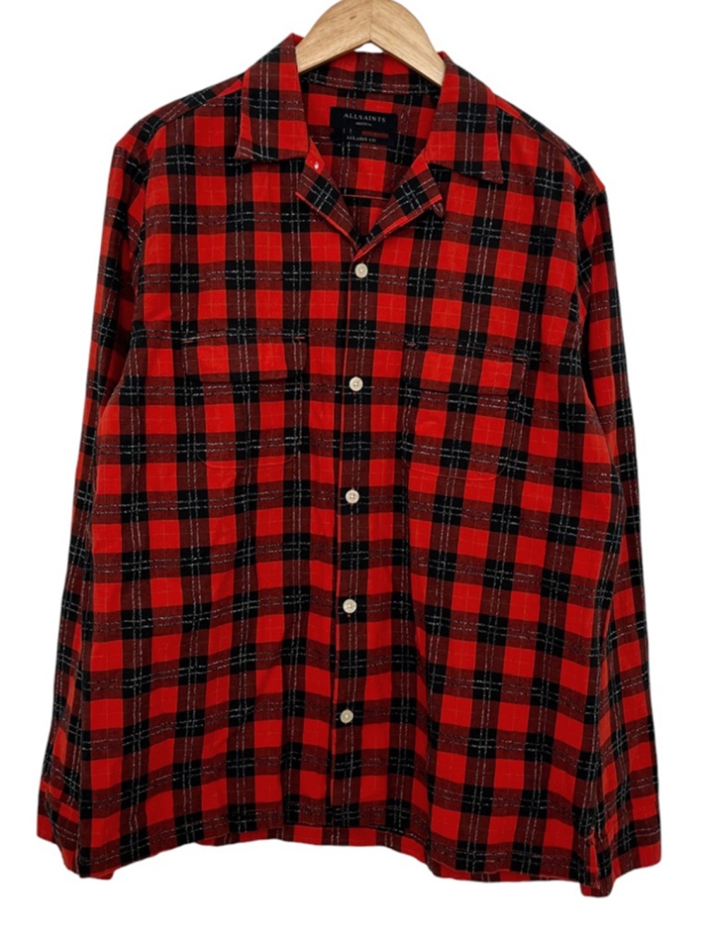 All Saints Men's Duane Long Sleeve Button Front Shirt Medium Red Black Plaid NWT